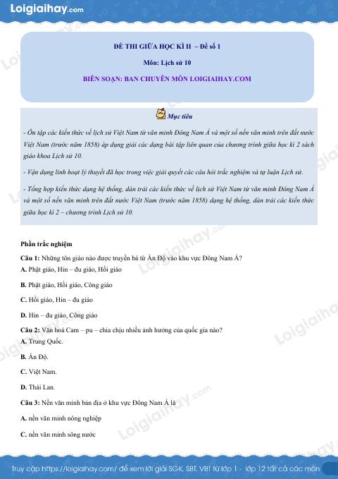 Đề thi giữa kì 2 Lịch sử 10 - Đề số 2
